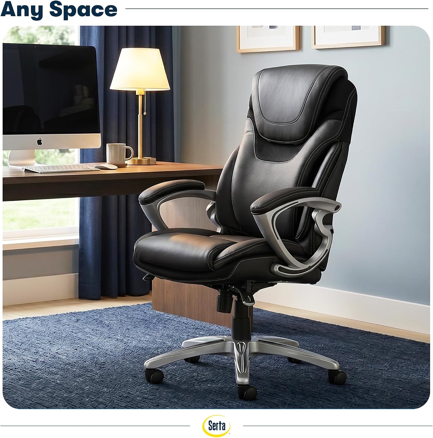 Serta Bryce Executive Office Chair - Ergonomic Computer DeskChair with Lumbar Technology - Adjustable Height - Memory Foam Body Pillows - 360° Swivel Rolling Base - Bonded Leather - Black