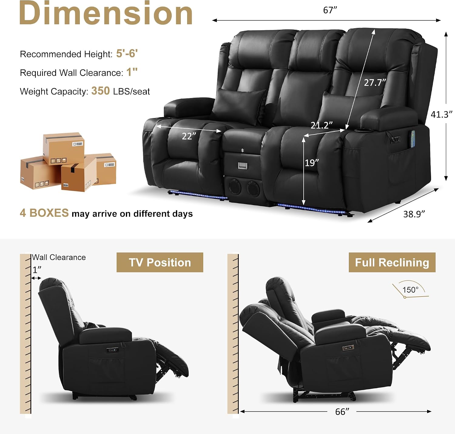 URRED Power Loveseat Recliner Sofa with Massage and Heat